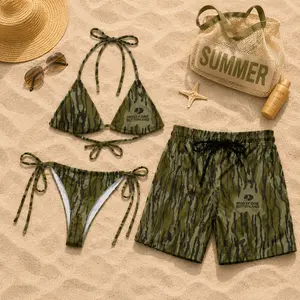 Mossy Oak Bottomland Camo Matching Couples Swimwear Set with Outdoor Tree Bark Pattern Graphics Adjustable Womens Tie Side Thong Bikini & Mens Beach Swim Shorts Hawaiian Style Summer Vacation Beachwear