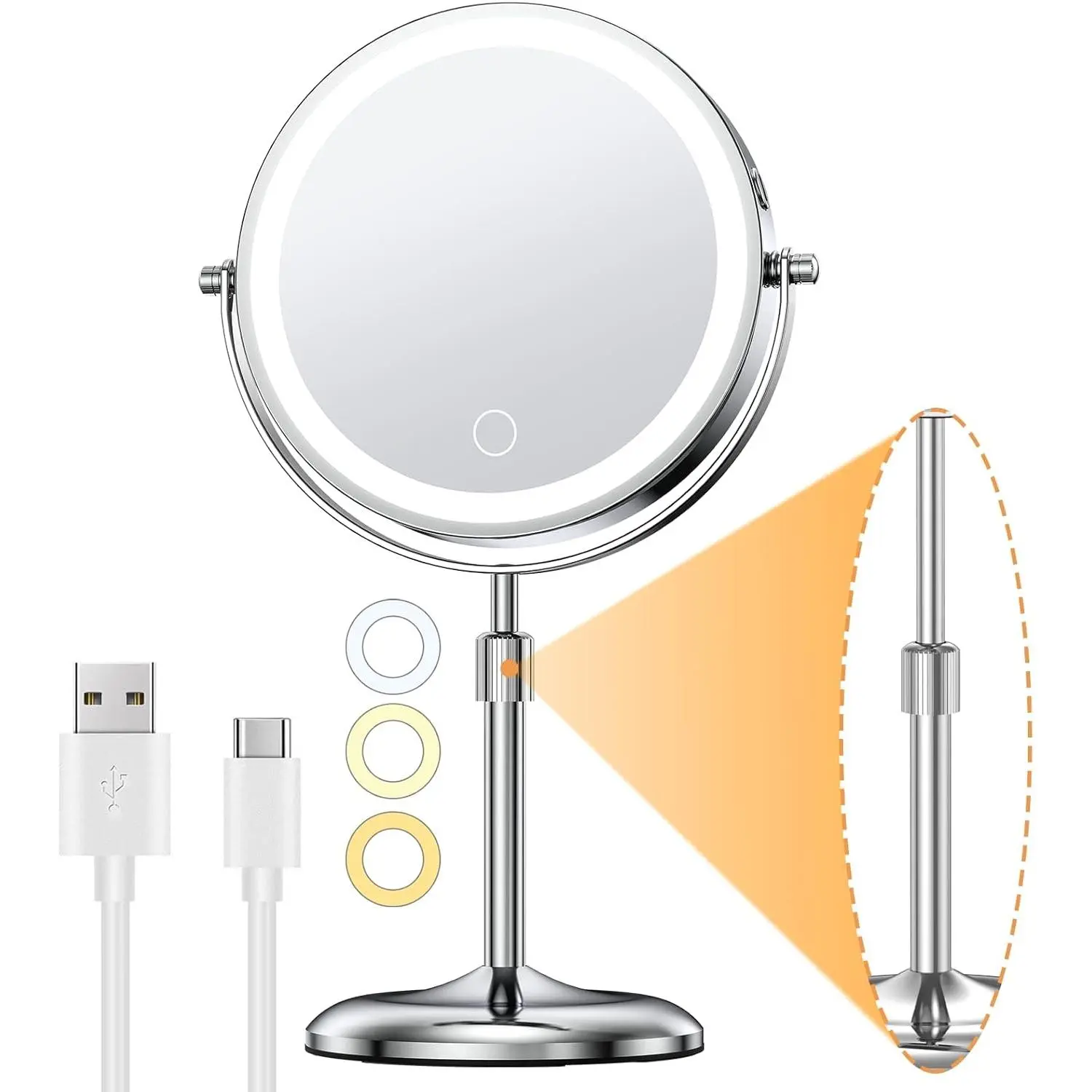 7" Lighted Makeup Mirror with Magnification 10X/1X, Height Adjustable & 3 Color Dimmable Lights, 360? Swivel Double Sided Light up Rechargeable LED   Cordless Standing Mirror