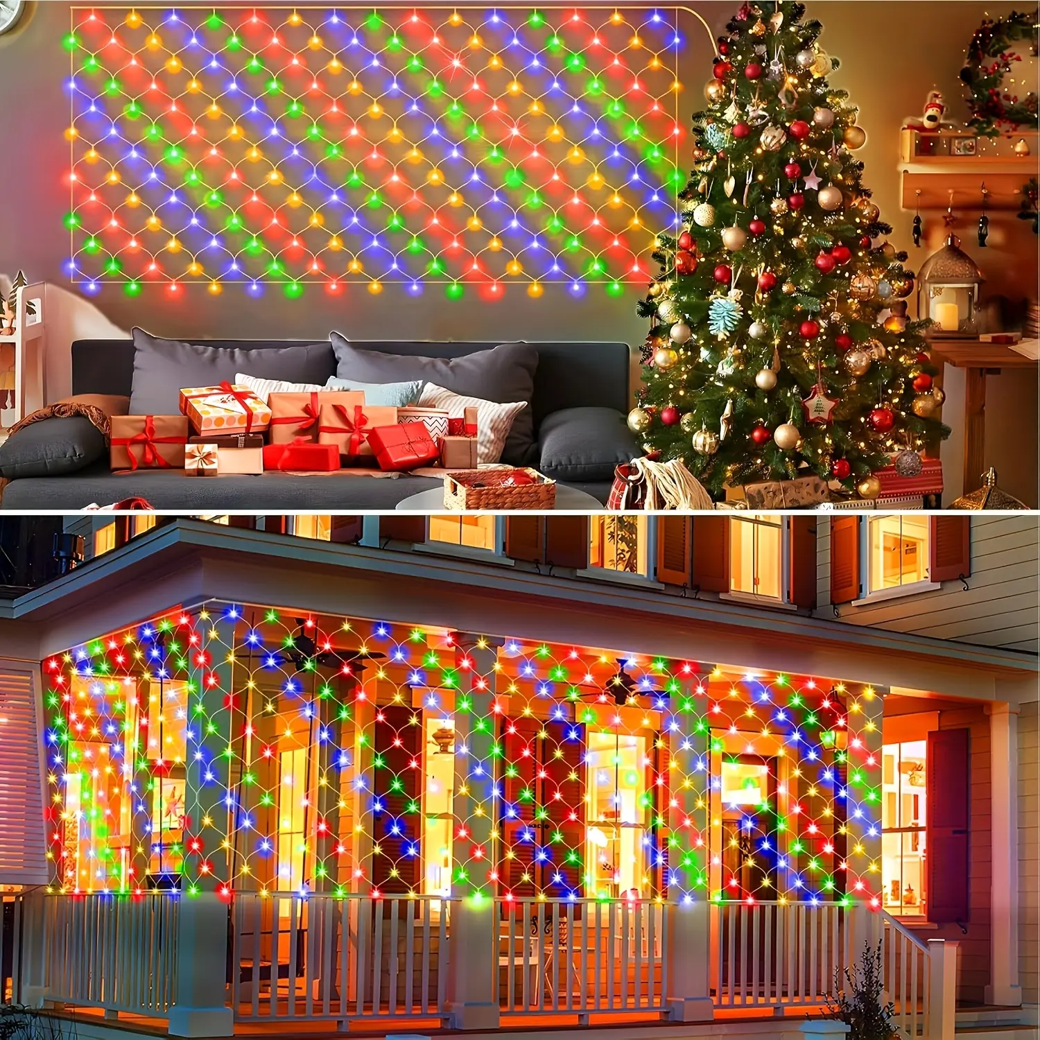 Solar net lights, 100 LEDs, 4.92 ft × 4.92 ft; outdoor holiday display net lights suitable for Christmas shrubs; waterproof multicolor net lights with 8 modes, ideal for shrubs, shrub clusters, eaves, gardens, and lawns.