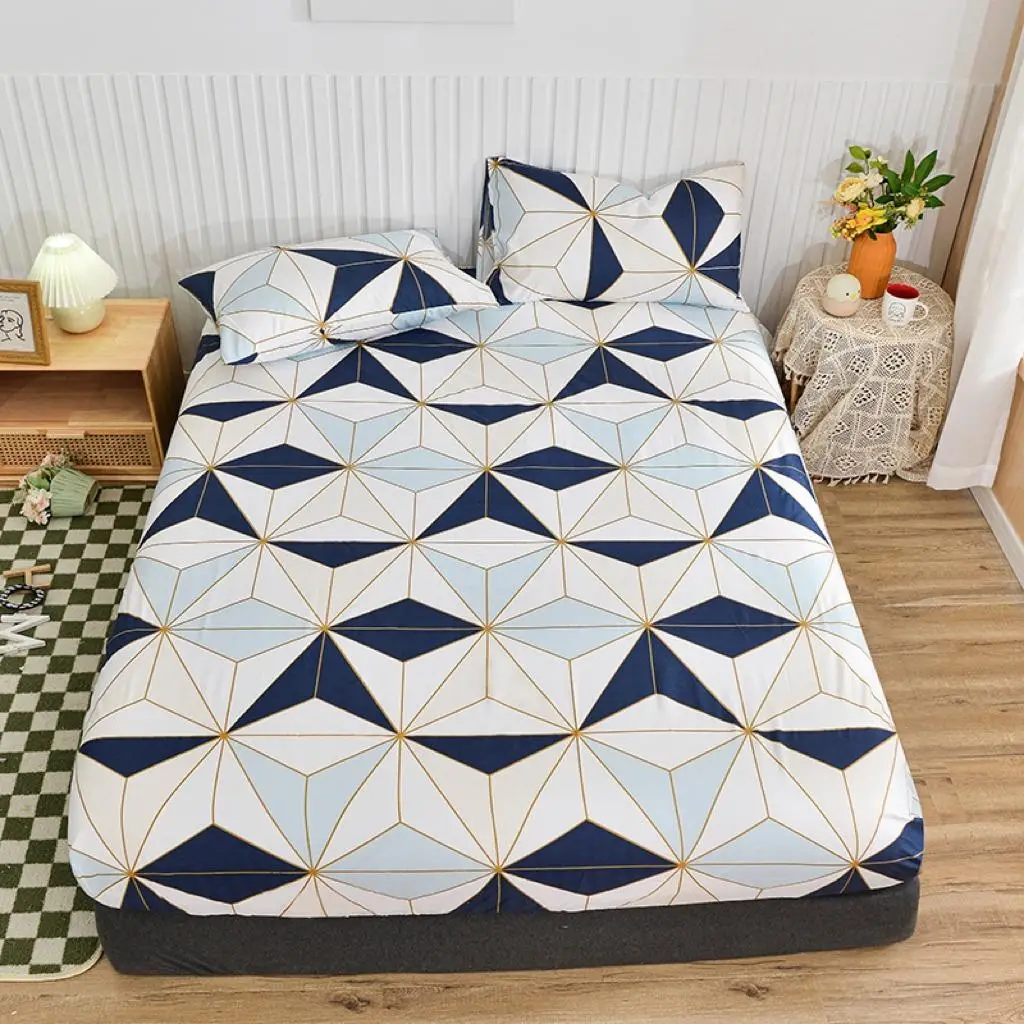 Geometric Printed Fitted Sheet & Pillowcases, 3pcs Soft Cozy Bedding without Filling, Bed Slipcover for Bedroom
