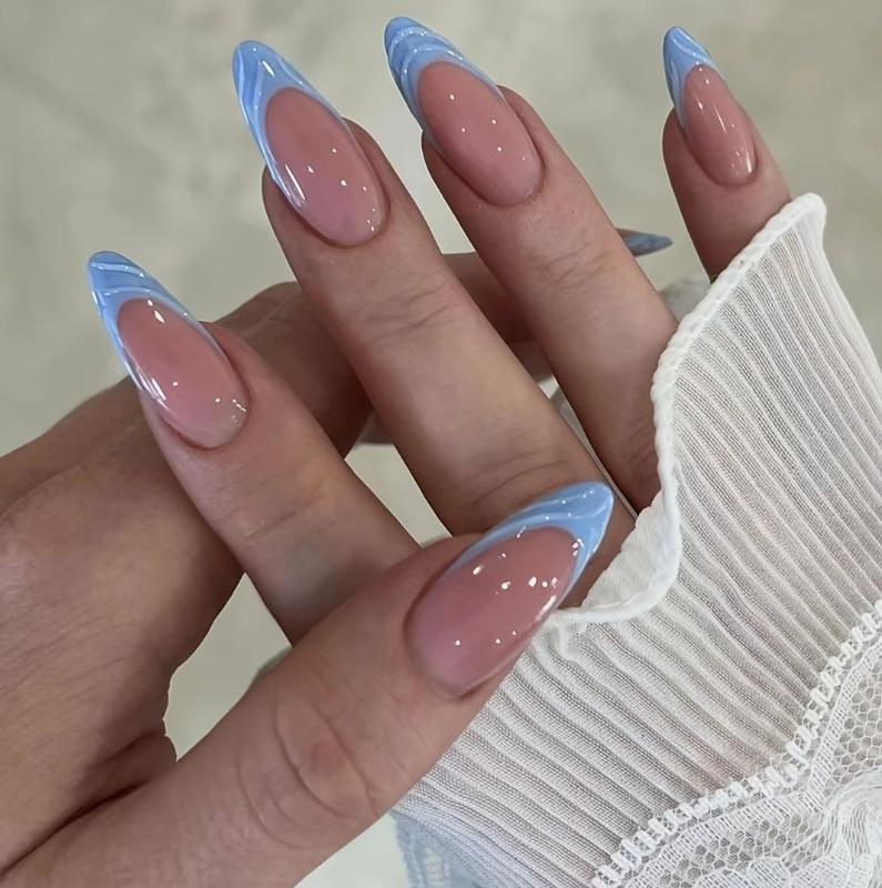 Valentine’s Limited! 24Pcs Pastel Pink & Blue Stiletto French Tip Press-On Nails (12 Sizes) + Free Jelly Glue & File | 2026 Viral V-Day Manicure Reusable