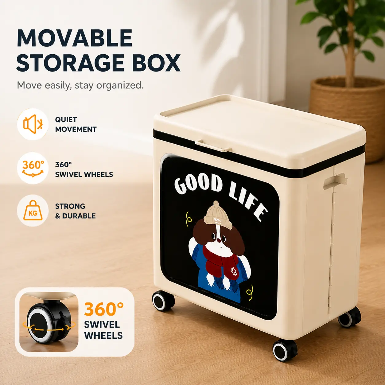 Large Capacity Foldable Rolling Storage Box with Lid and 360° Swivel Wheels