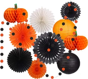 Halloween Party Decorations Supplies Kit Hanging Paper Lanterns Tissue Paper Fan Pumpkins round Garland for Halloween Party Night Thanksgiving Home Decor Indoor Outdoor