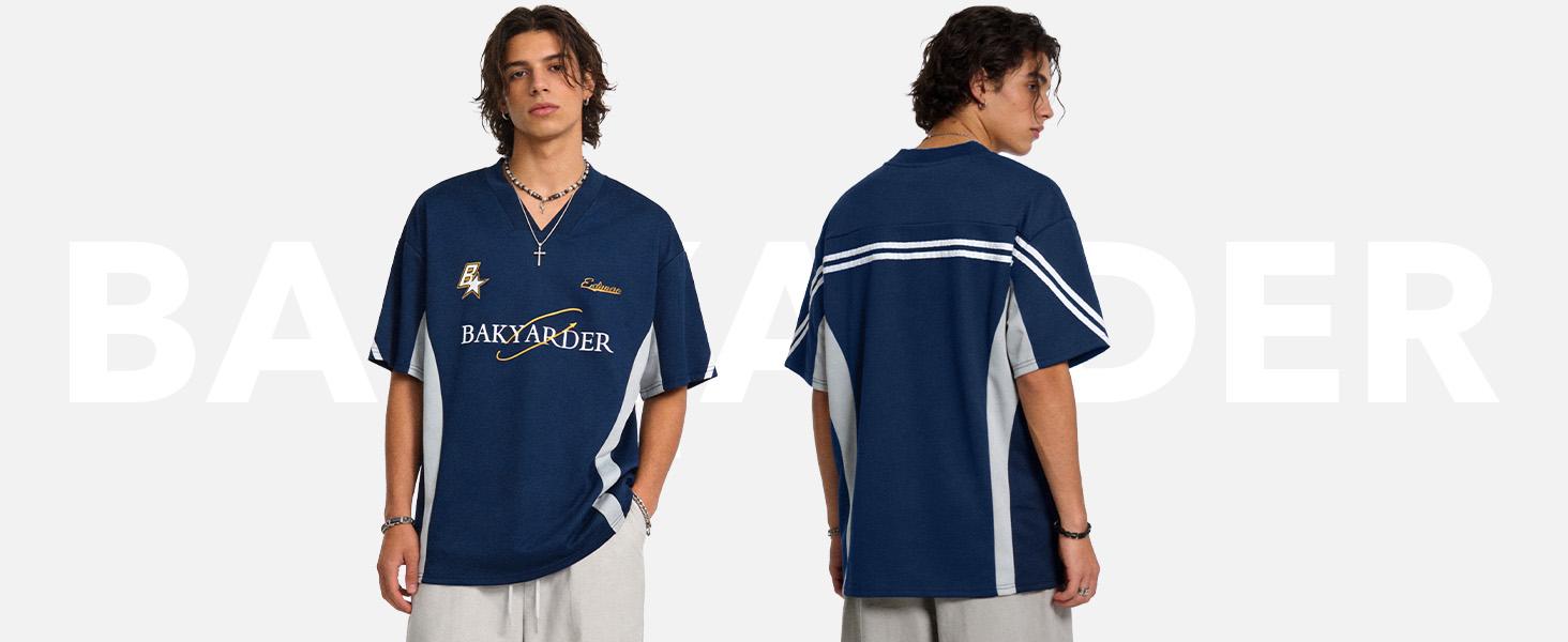 Bakyarder Men’s Vintage Oversized Jersey Shirt 90s Y2K Streetwear V Neck Embroidered Color-Block Loose Fit Casual T-Shirt Bakyarder Men’s Vintage Oversized Jersey Shirt 90s Y2K Streetwear V Neck Embroidered Color-Block Loose Fit Casual T-Shirt