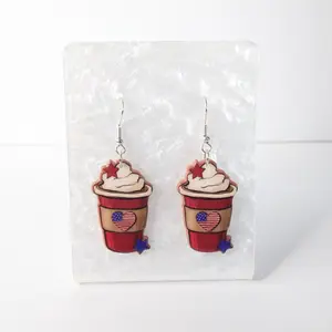 #549 Patriotic Drink with Whipped Cream, Flag Heart Logo and Red & Blue Stars Earrings, Casual, Patriotic, Memorial Day, 4th of July, Independence Day, Acrylic