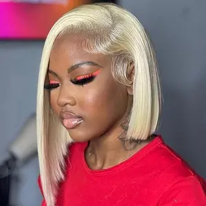 Honey Blonde 613 Bob Wig 13x4 Human Hair 180% Density Real Human Hair Glueless Pre Plucked Natural Hairline Short Bob Lace Front Wig 14 Inch