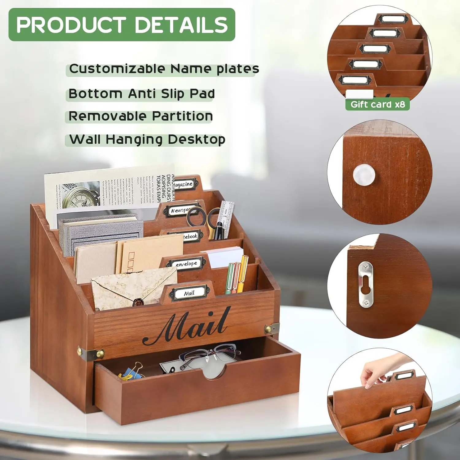 Wooden Mail Organizer with Drawer, Desktop Letter Sorter & Document Storage, Farmhouse Mail Holder for Home Office Countertop