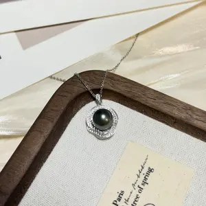 PEARLISM Seawater Tahitian Black pearl pendant.Shiny flower pearl pendant.Round pearl necklace pendant.Classic elegant design jewelry.Pearl jewelry.Pearl pendant.Gift for women.Christmas gift.Free chain only on live.-(9-10mm)-ASBP015