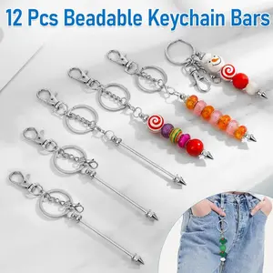 12PCS of Mixed-color Beaded Key Bar Blanks, Metal Alloy Beaded Key Chain Strips, Movable Color Bar Link Beads Can Be Used for DIY Handmade Key Chains, Bag Decoration, Gift Giving