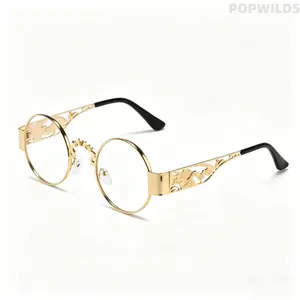 Unisex Metal Round Frame Women's Sunglasses - Hollow Carved Temple, Hip-Hop Street Style, Retro Look, Comfortable Fit, Ideal for Outdoor Wear & Trend Outfit Matching (European American Cross-Border Eyewear Fashion Accessory)