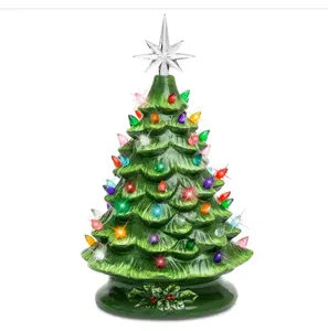 15in Ceramic Christmas Tree, Pre-lit Hand-Painted Tabletop Holiday Tree, Star Topper, 64 Lights - Green w/Multicolored Bulbs