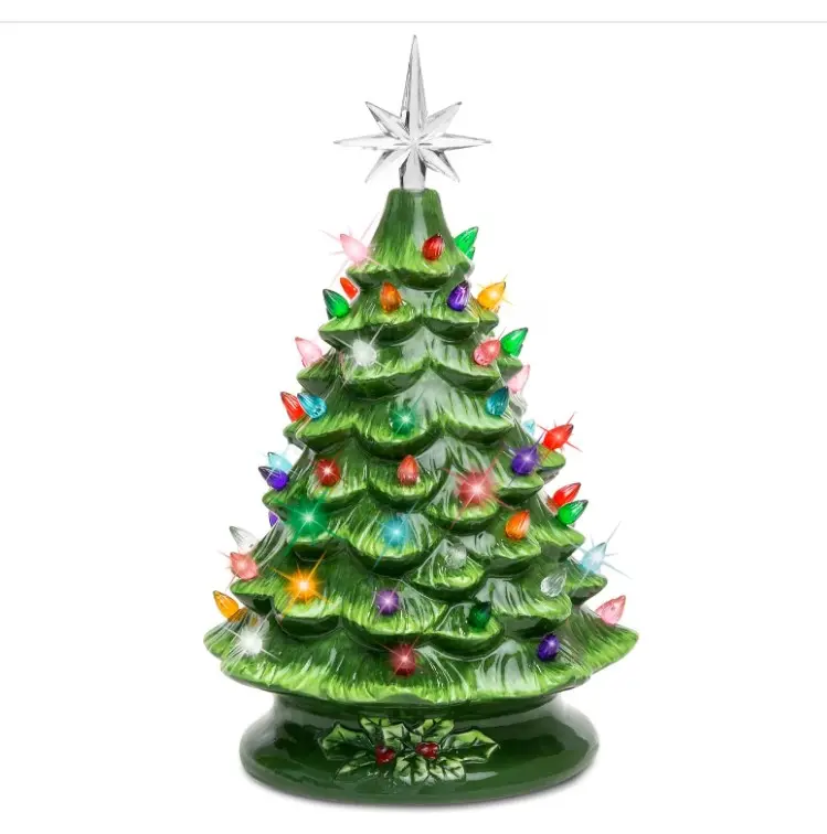 15in Ceramic Christmas Tree, Pre-lit Hand-Painted Tabletop Holiday Tree, Star Topper, 64 Lights - Green w/Multicolored Bulbs