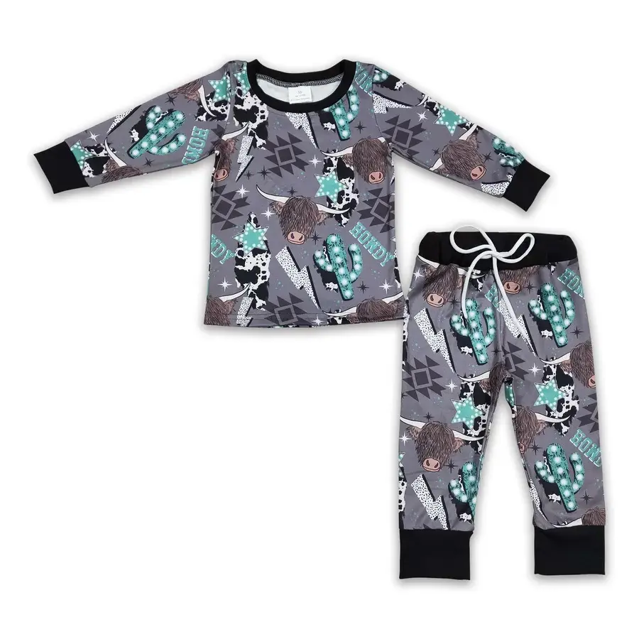 Kids' Fun Western Cow Cactus Long-Sleeve Nightwear Pajamas