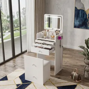 3 In 1 Flip Top Mirror Makeup Vanity Desk, 19" Compact Vanity Set with Visible Glass Desktop & Power Outlet, 3 Color Modes LED Light, 3 Drawers & Storage Stool Included, Small Space Vanity Table for Girls Women, Christmas Gift, Perfect for Bedroom