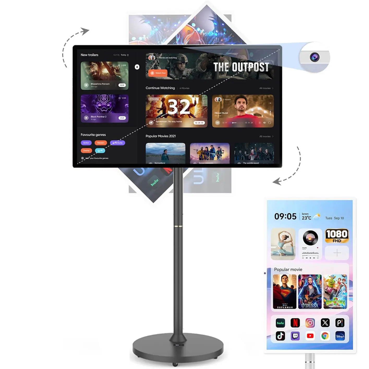 32/27 Inch Smart Portable TV on Wheels - Wireless Rollable FHD Touch-Screen Monitor, 8G RAM, 128G Storage, Built-in 3-6h Battery, Android 13, Full Swivel Rotation, Remote Control, Bluetooth Connectivity, Outdoors Compatible, Move & Rotate View