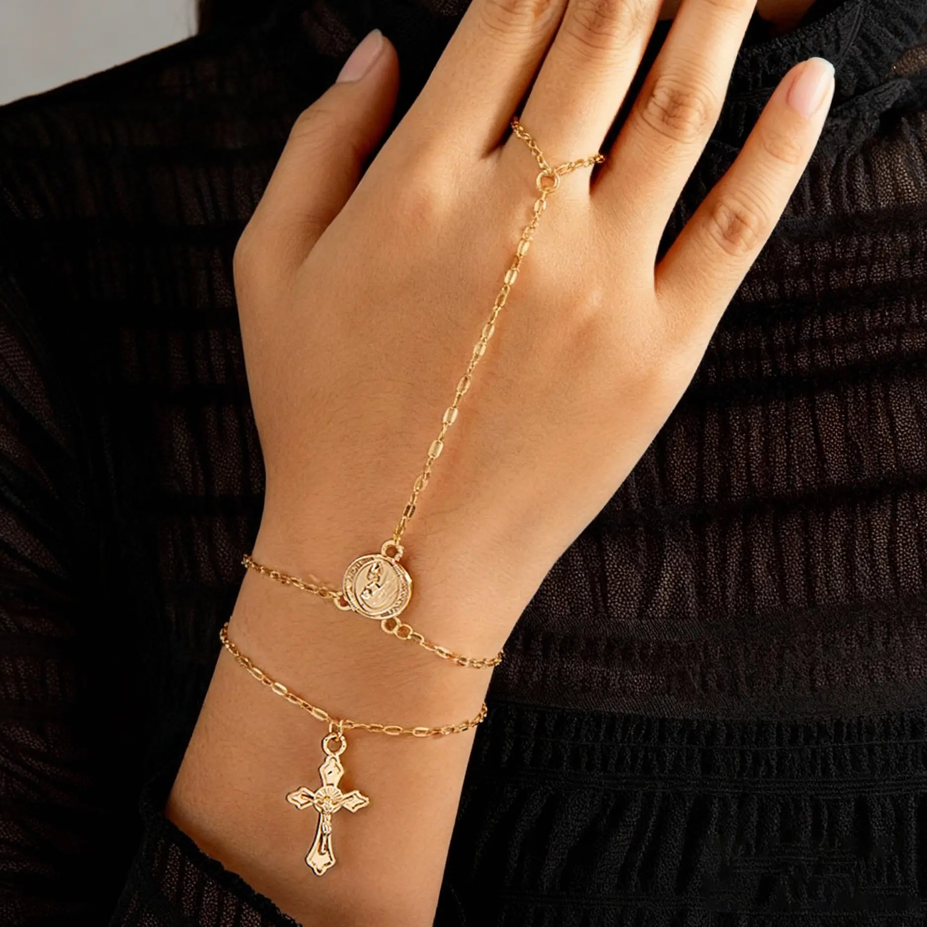 Gold Hand Chain for Women, Dainty Gold Plated Elegant Minimalist Bangle-Style Bracelet with Cross Charm, Adjustable Finger Loop for a Jewelry Stack and Casual Wear, Wrist Stack