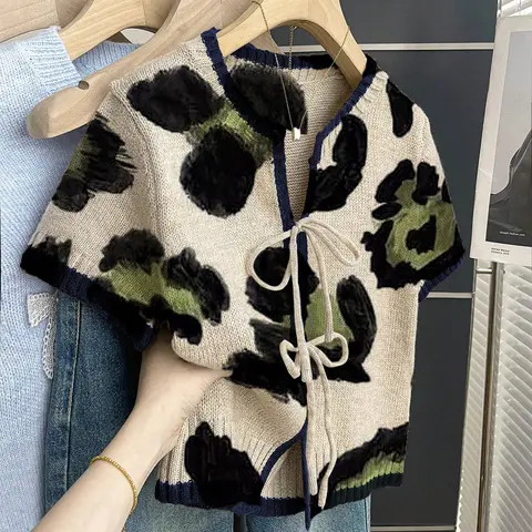 Boho Casual Vacation Ethnic Style Loose Fit Round Neck Colorblock Leopard Print Short Sleeve Knit Top, Casual Chic Top, Front Tie Design, Women's Spring Summer, Womenswear, Aesthetic Bohemian, Boho Style Blouse, Bohemian Blouse