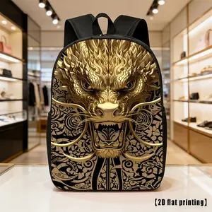 Durable Water Resistant Single Kids Backpack, Lightweight 600D Oxford School Daypack with 3D Golden Chinese Dragon Head Traditional Pattern Full Print, Breathable Padded Strap Large Capacity Casual Ethnic Bookbag for Teen Students