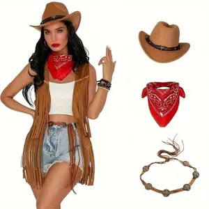 3-piece Western Cowboy Hat Women's Retro Bohemian Style Belt Scarf Accessory Jewelry Set，girlfriend christmas gifts Vintage Fringe