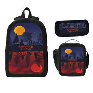 Stranger Things Collaboration Backpack Set Black Three-Piece Retro Sci-Fi Style Student Backpack Collection with Lunch Bag and Pencil Case
