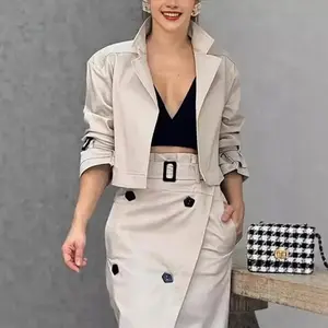 2025 Women's Set, lapel patchwork, long-sleeved top and skirt, Two-piece set with belt
