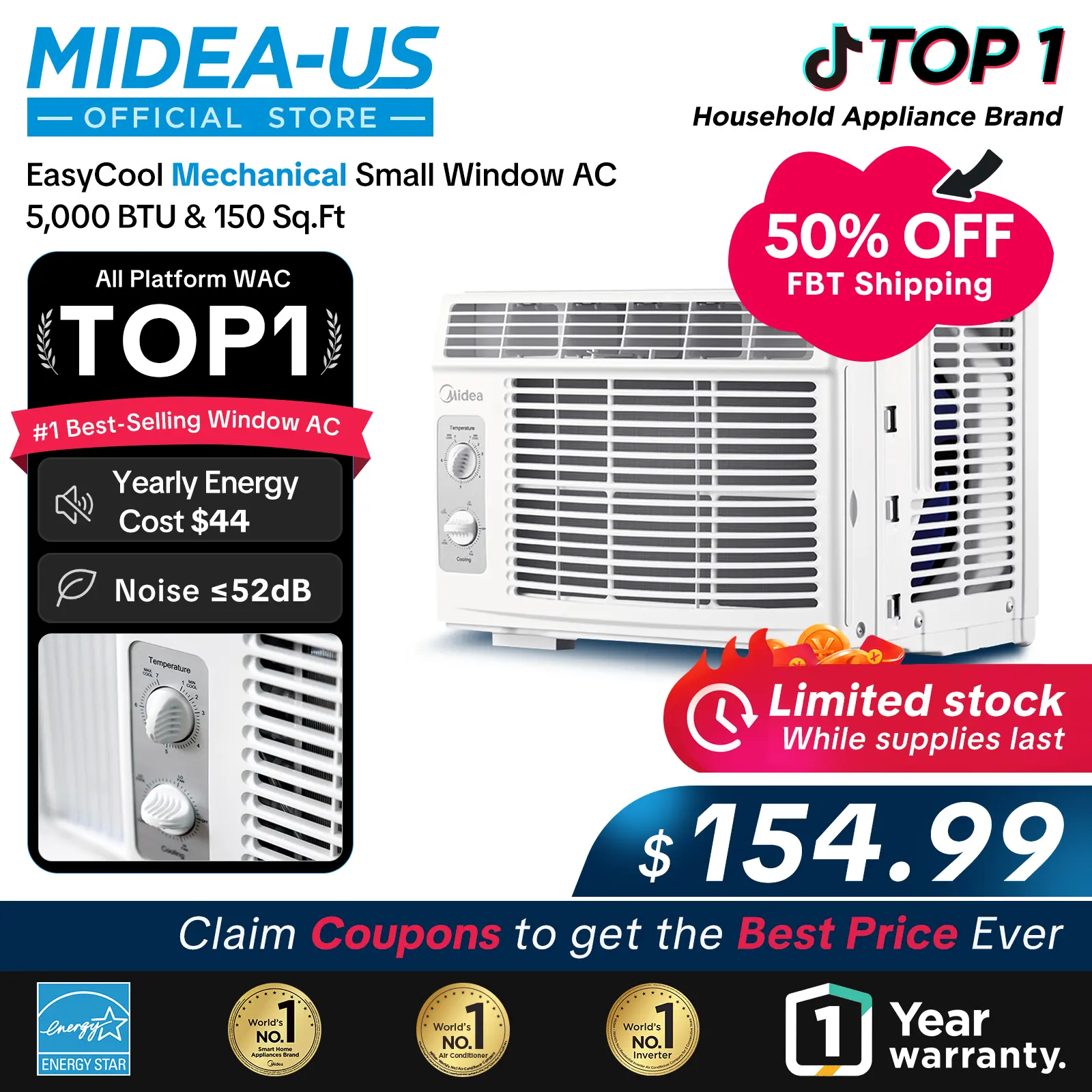 Midea 5,000 BTU EasyCool Mechanical Small Window Air Conditioner - Cool up to 150 Sq. Ft. AC with Easy-to-Use Mechanical Controls and Reusable Filter, Perfect for Small Bedroom, Living Room, Home Office
