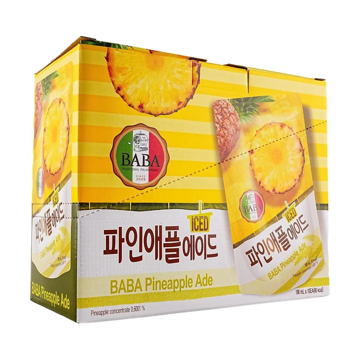 WOONGJIN BABA Korean Ice Pineapple Juice Drink 190ml x 10 Packs - Zero Fat Low Calorie Refreshing Beverage