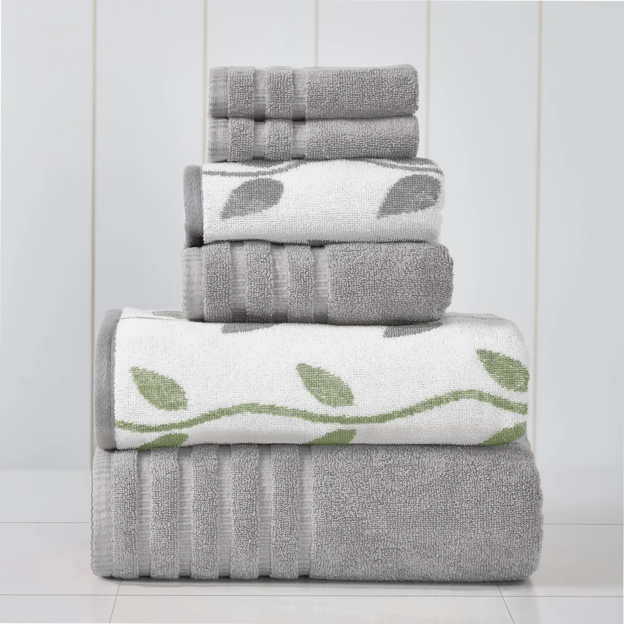 Modern Threads 6-Piece Organic Cotton Bath Towel Set with 13" x 13" Hand Towels - Reversible, Yarn-Dyed, Fluffy, Water-Absorbent, Ash Gray