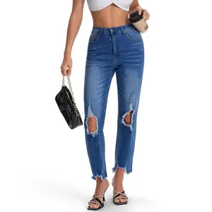 Women's High-Waisted Ripped Straight Jeans Maddy Pants Distressed Ankle Straight apron Belly Jeans Frayed Hem Denim Girlfriend