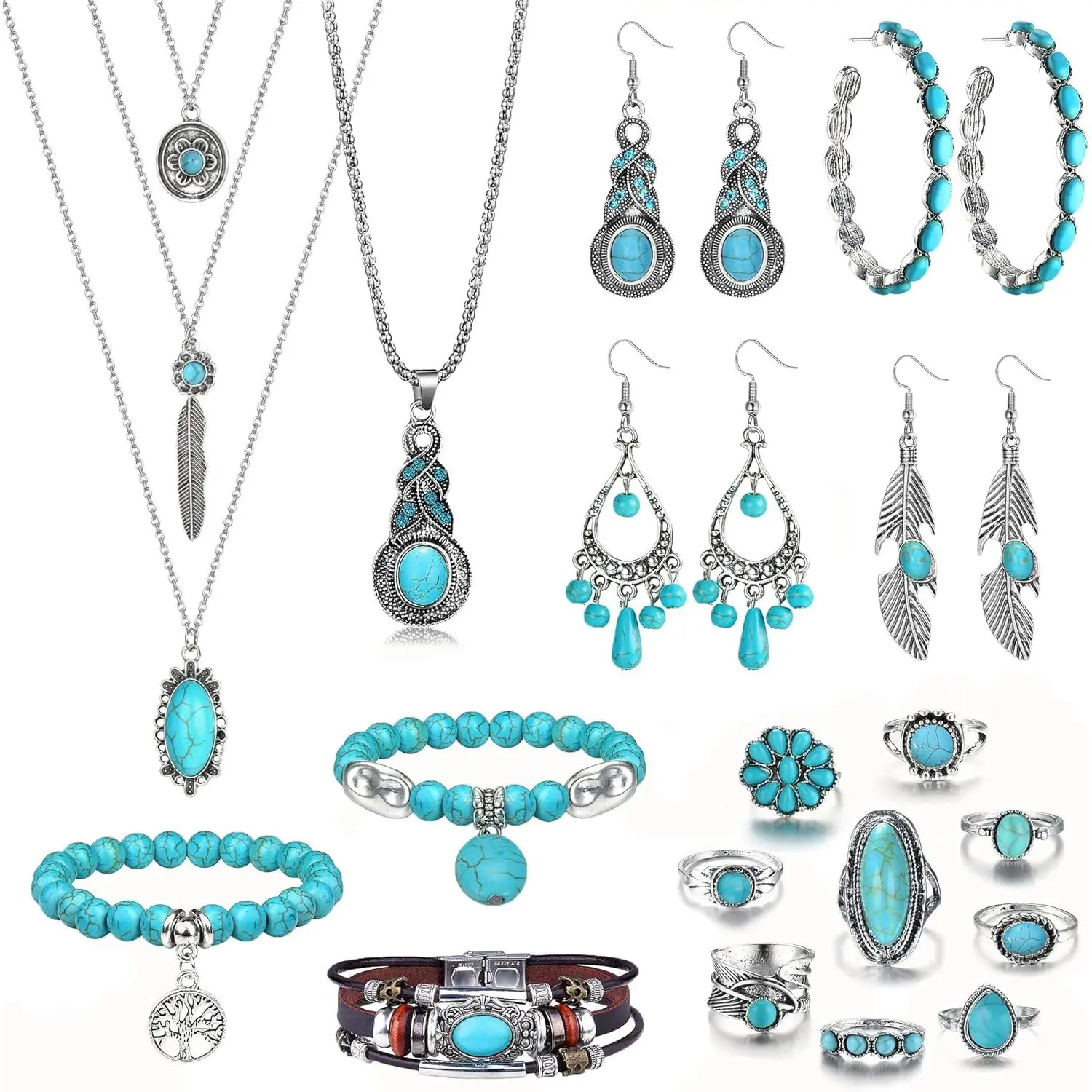 Bohemian Turquoise Jewelry Set for Women Western Jewelry Vintage Turquoise Pendant Necklace Bead Bracelet Leather Cuff Bracelet Dangle Earrings Knuckle Rings Boho Jewelry