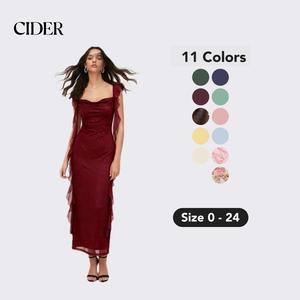 Cider Cowl Neck Solid Glitter Ruffle Hem Maxi Dress