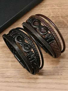 Black Leather Infinity Bracelet, Edgy Minimalist Jewelry with Multi-Layer Braided Design & Magnetic Clasp for Men's Daily & Streetwear Bohemian Bracelets, Trendy Stack Bangle