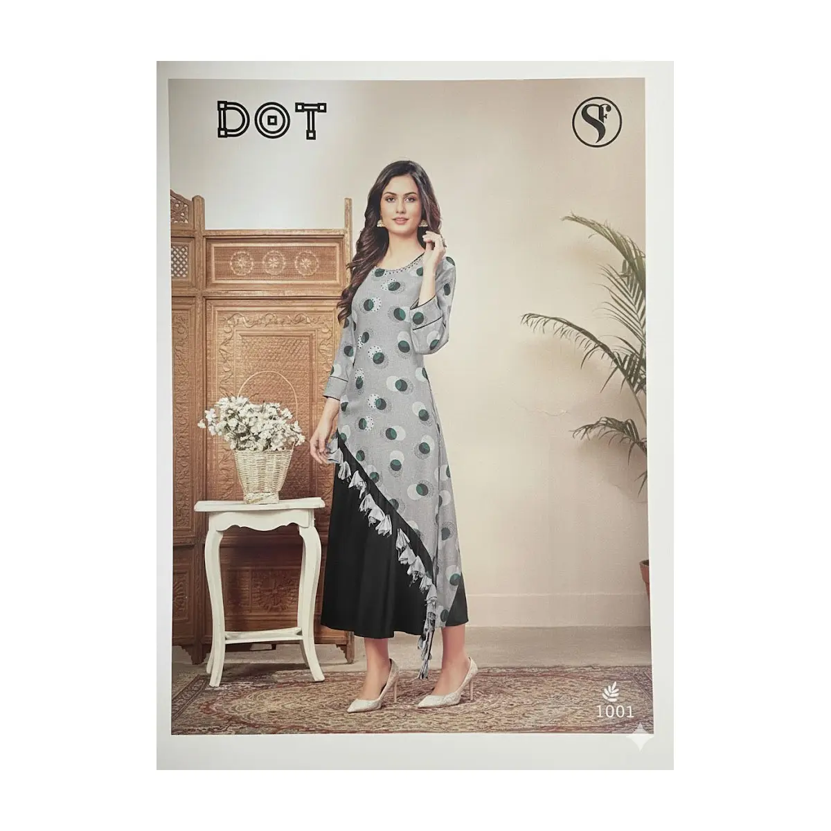 #Dot-3 Asymmetric Tassel Kurti Dress – Grey/Black, Polka Dot Overlay
