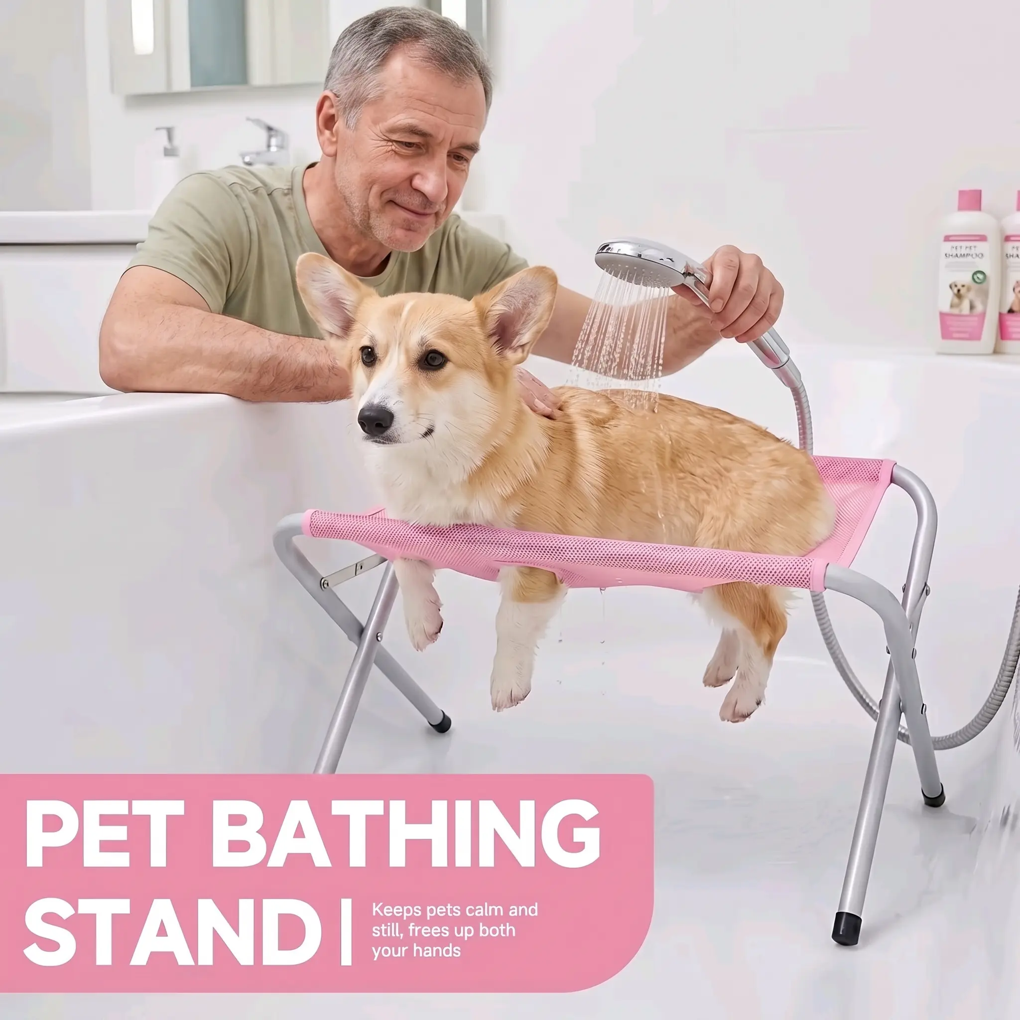 Pet Bathing Stand in Blue Pink Gray Color for Easy Pet Grooming and Comfortable Bathing Experience