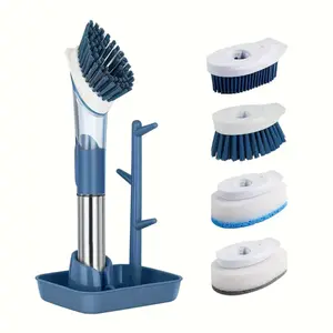 Dish Brush with Soap Dispenser set– 4 Replaceable Cleaning Heads & Ergonomic Handle, Kitchen Scrub Brush for Dishes, Pans, Sink & Household Cleaning