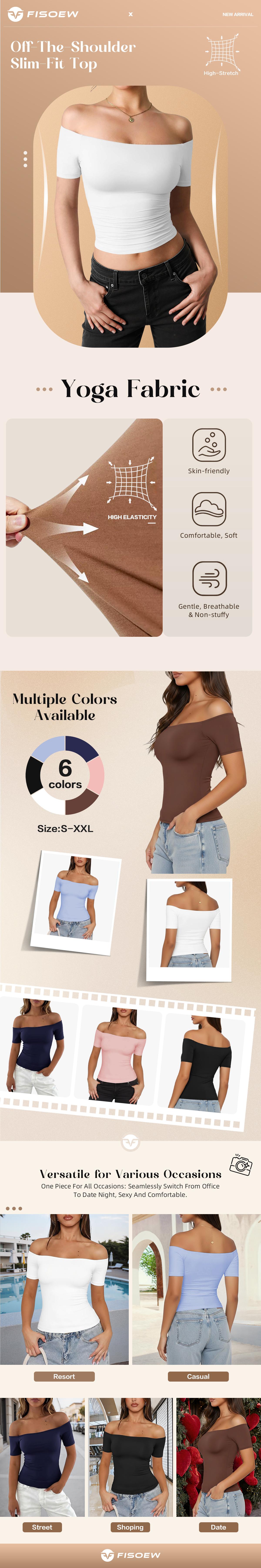 Fisoew Sports  2026 Summer Spring Women's Off-Shoulder Y2K Yoga Short-Sleeve T-shirt, High Elasticity, Solid Color, Slim Fit Basic Style, suitable for home, parties, commuting, travel, SpringStatements