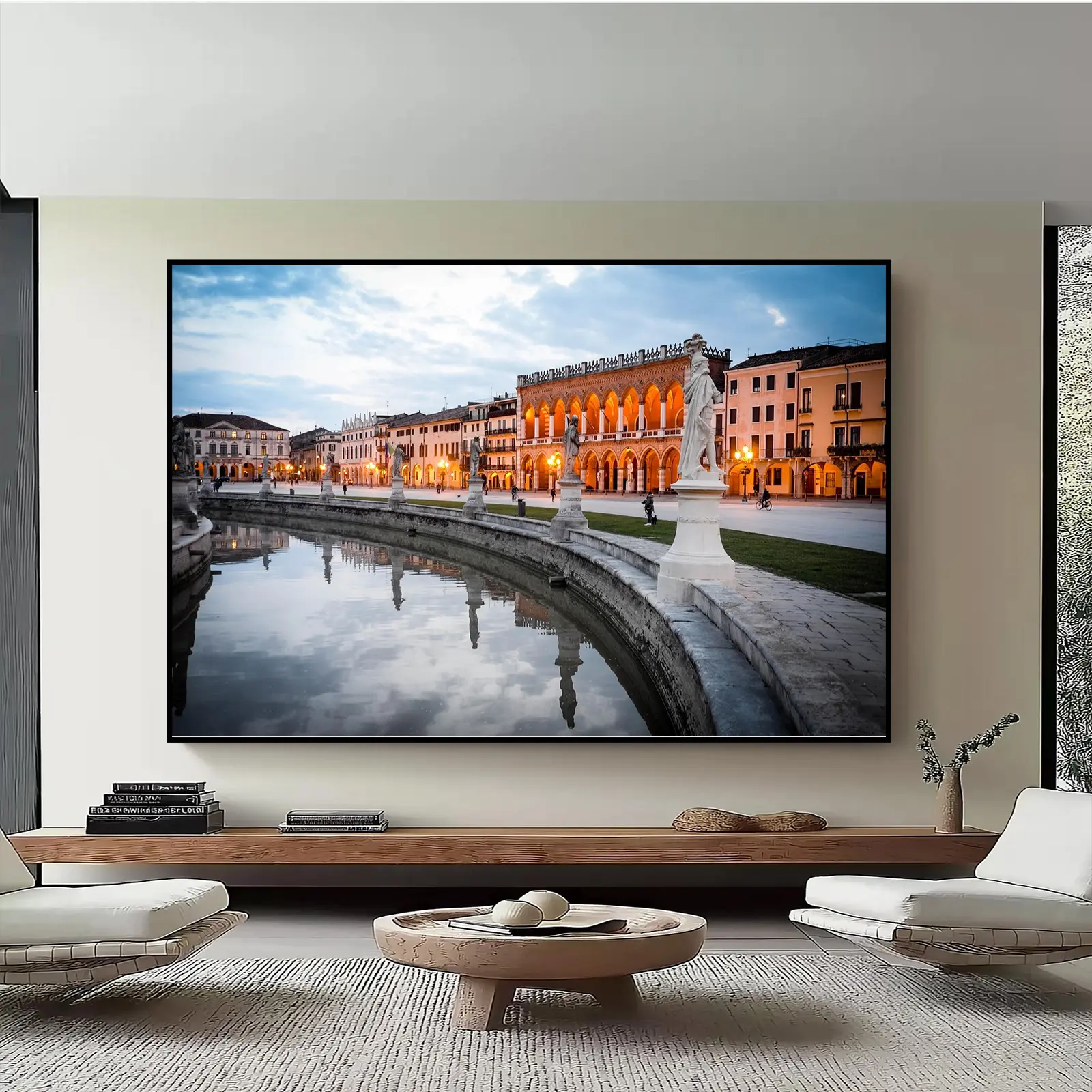 Charming Italian Square Canvas Print Renaissance Architecture Wall Art with Reflective Water View Warm European Cityscape Poster for Men's Room Decor Vintage Room Decor Living Room Bedroom and Office Study Classic Home Decor Gifts