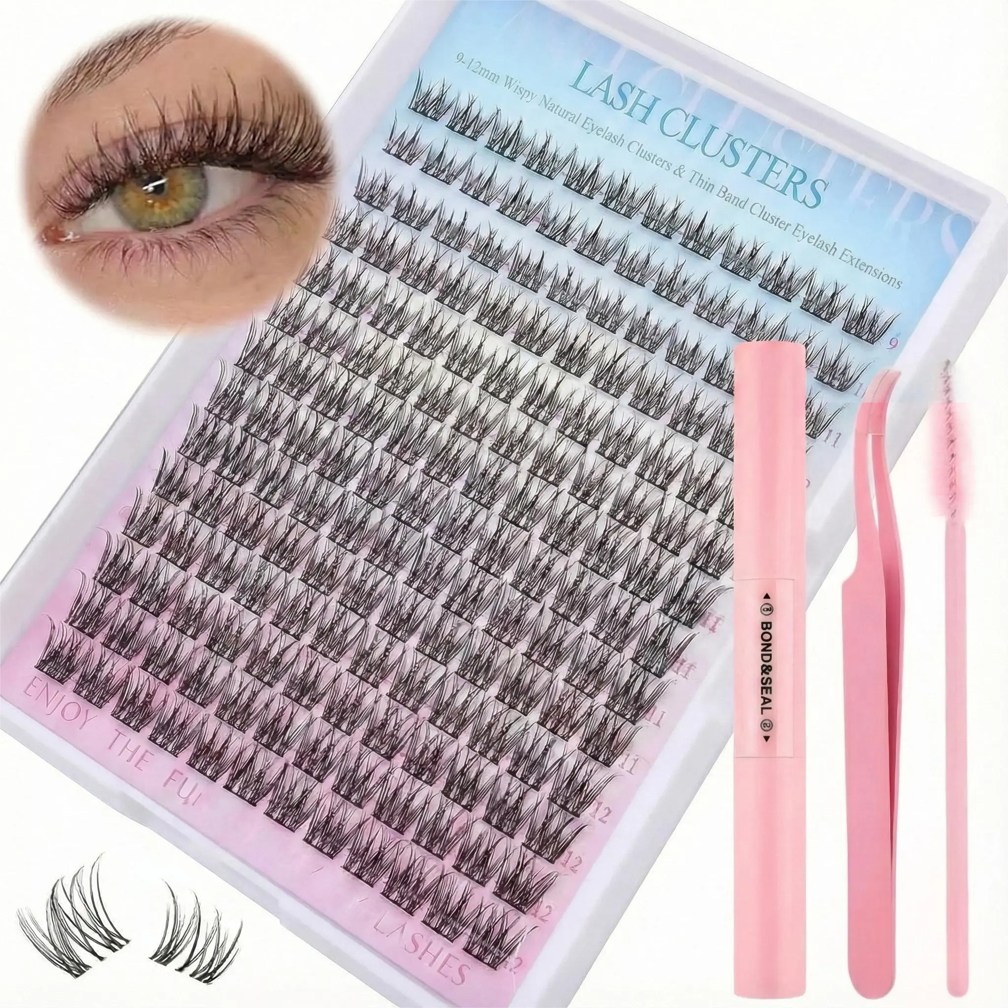 Cosmetic Eyelash Clusters Kit - 9-12mm 168PCS Wispy Natural DIY Kits, with Bond, Seal, Tweezers for Beginners