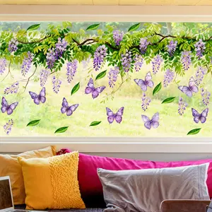 A (30*60cm) creative purple-themed flower, butterfly and vine spring-summer static sticker, double-sided visible, 20-thread background decoration, beautiful Decorative window sticker (D18653)