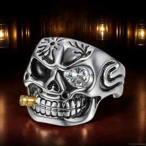 Men's Gothic Fantasy Skull Motif Statement Signet Ring - Punk Dark Style Stainless Steel Men's Accessory with Synthetic Zircon Sparkle Inlay, Dark Aesthetic Fashion Steel Ring, Statement Signet Rings, Men's Accessories
