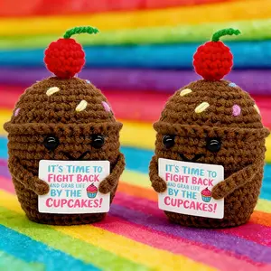 1pc Finished paper cupcake, brown and pink handmade knitted doll, positive energy cartoon emoticon