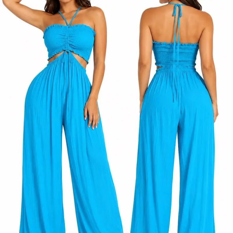 Women’s Smocked Cutout Halter Wide Leg Jumpsuit – Sleeveless Summer One Piece Romper