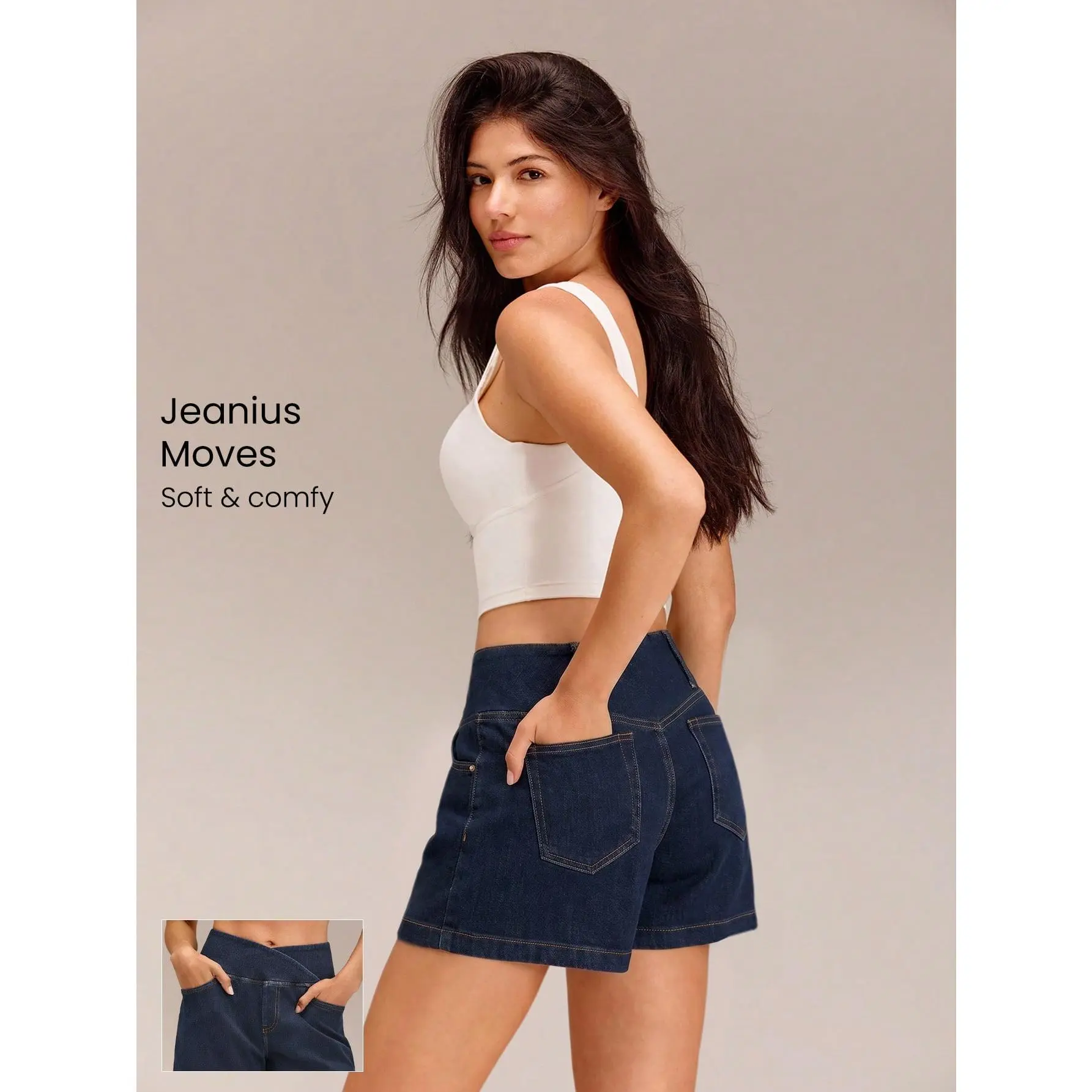 GLOWMODE 4" Luxe PimaSoft Confident Strides Breathable Denim Wash Crossover Waist Butt-Lifting Seam Shorts Daily Casual Summer Wear