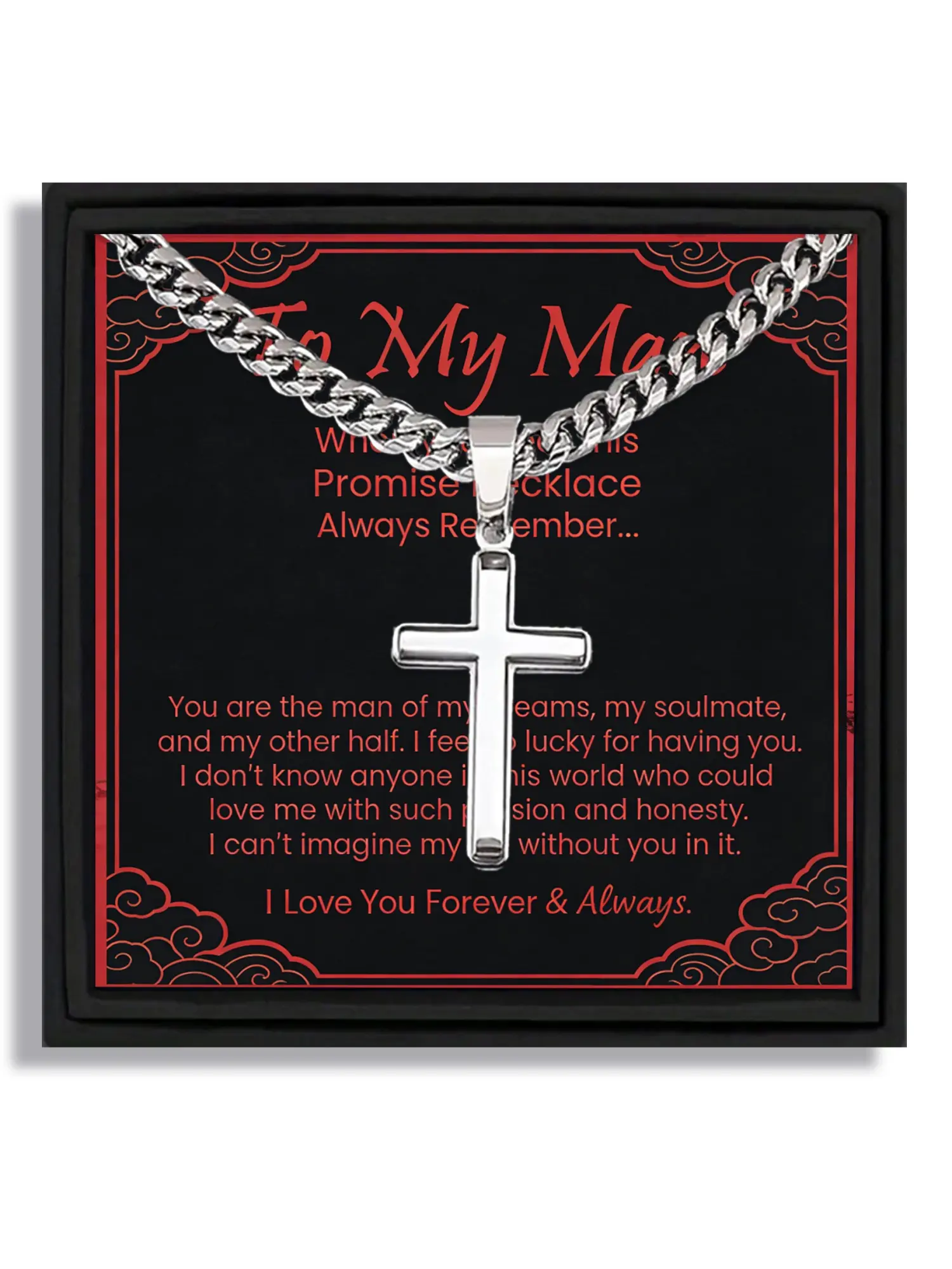 1 piece silver cross pendant Cuban chain necklace cuban link jewelry for Valentine's Day and birthday gifts to boyfriend with blessing card and box