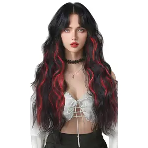 Straight Synthetic Clip in Hair Extensions Long Wavy Black Red Highlights 4PCS Thick Fiber Double Weft Invisible Lace Weft Natural Soft Hairpieces for Women Loose Wave