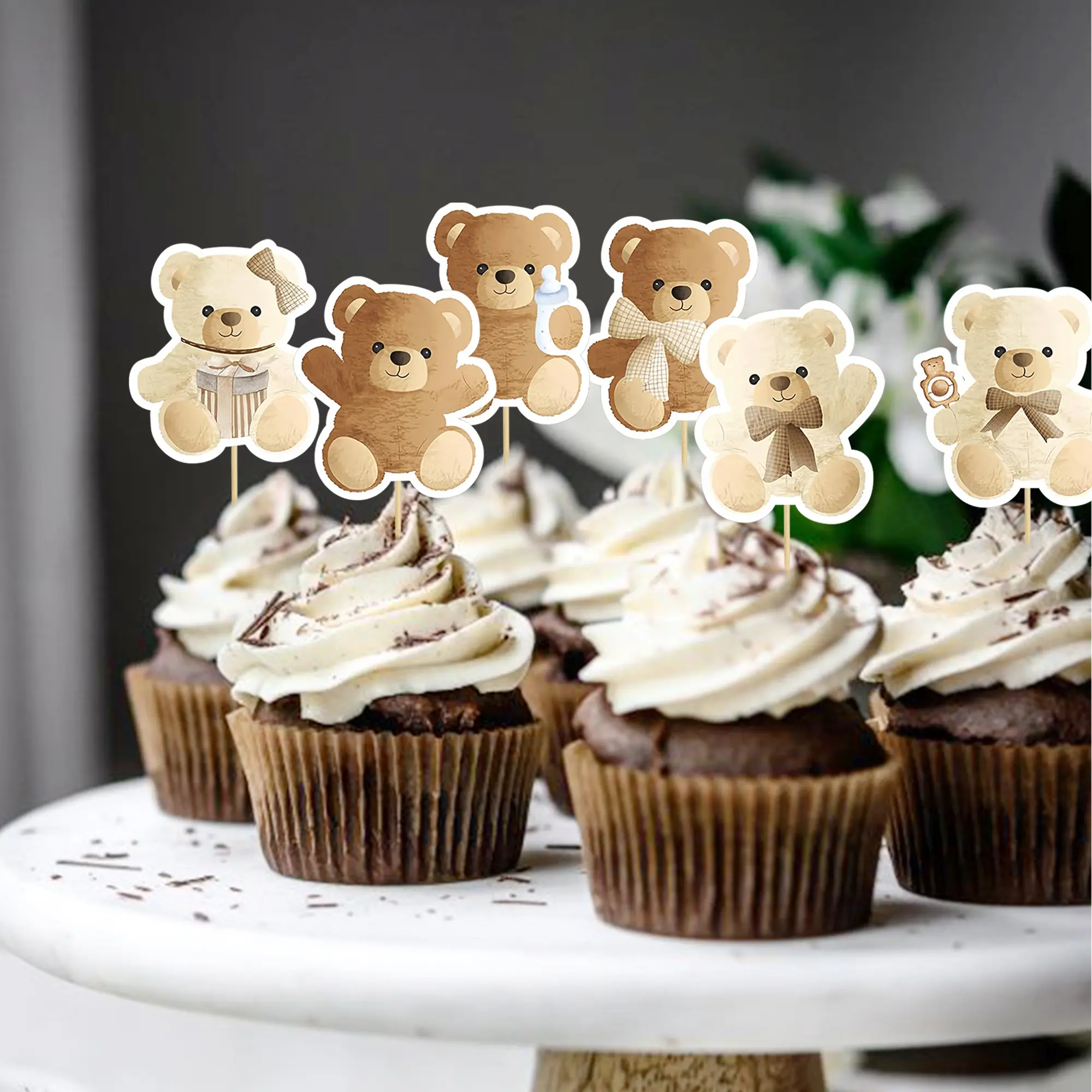 24pcs Teddy Bear Cupcake Toppers Cute Brown Baby Bear BabyShower Birthday Party Cake Deco Cream Cake Decorations Cake Decoration Supplies Cake Decorating Supplies