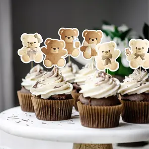 24pcs Teddy Bear Cupcake Toppers Cute Brown Baby Bear BabyShower Birthday Cake Deco Cream Cake Decorations