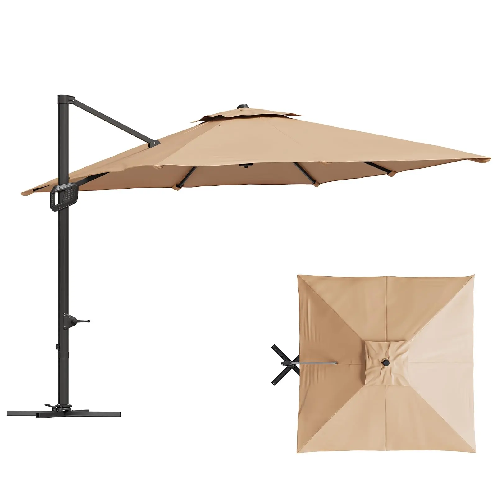 Garvee 10x10 ft Square 360° Rotating Offset Cantilever Patio Umbrella, UV Protection, Wind Resistant, Easy Tilt, Aluminum & Iron Frame with Cross Base for Deck, Pool and Garden, Tan
