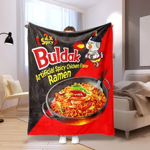 Soft Flannel Blanket with Buldak Ramen Design, Food Themed Blanket, Cozy Home Bed Sofa Office Travel Throw, Multi-Scene Use, Skin-Friendly Warmth