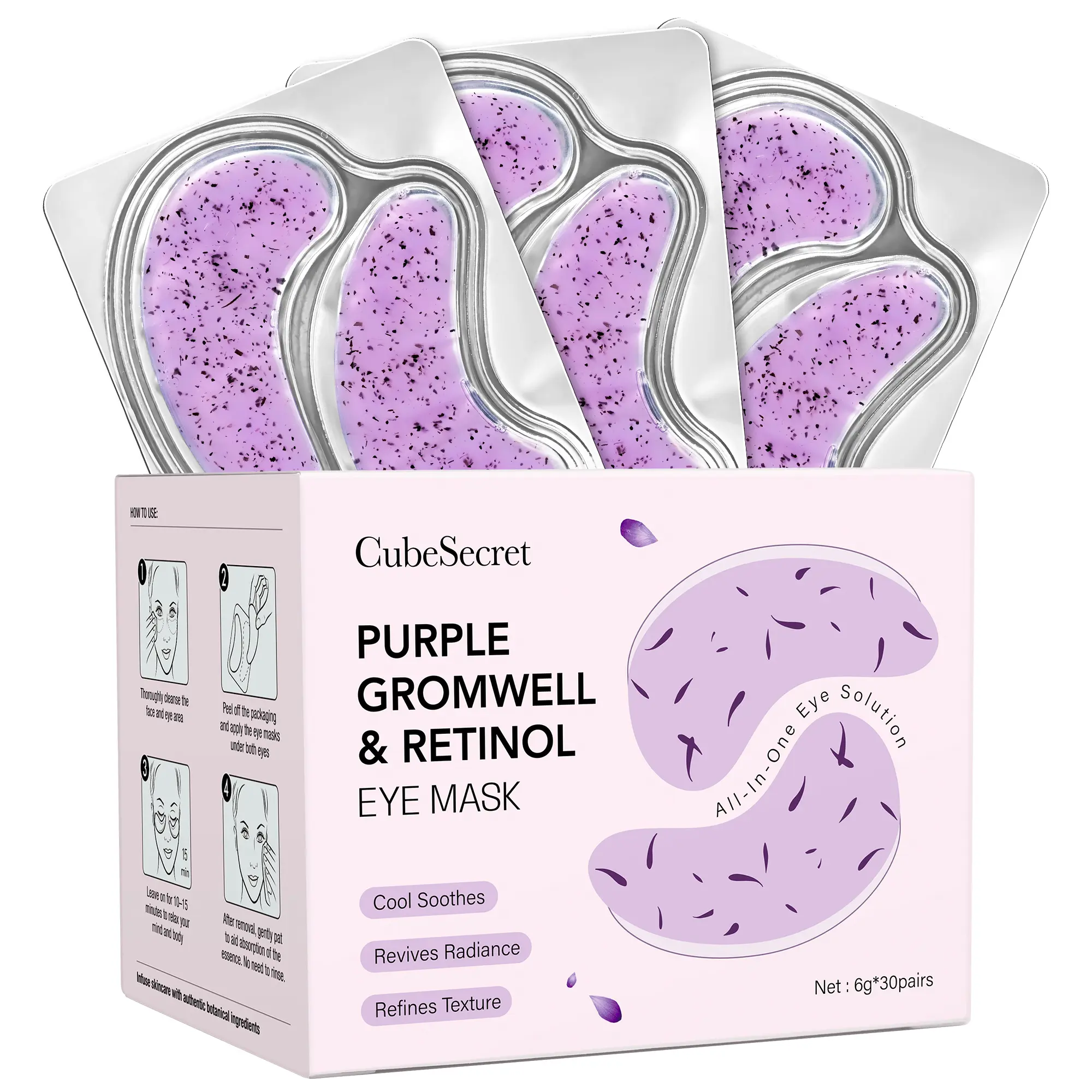 【CubeSecret】30 pairs of purple gromwell & tea eye masks, gentle and non-irritating,  highly moisturizing, makes makeup adhere better, effectively reduces eye bags fine lines and dark circles, improves overall appearance eye patches Hydrating, Moisturizer